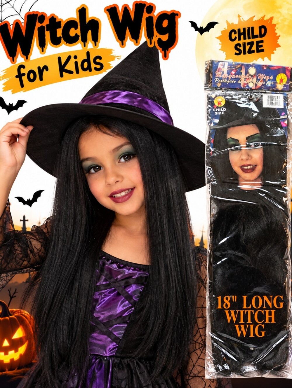 NWT Kids’ Long Black Witch Wig – Halloween Costume Hair